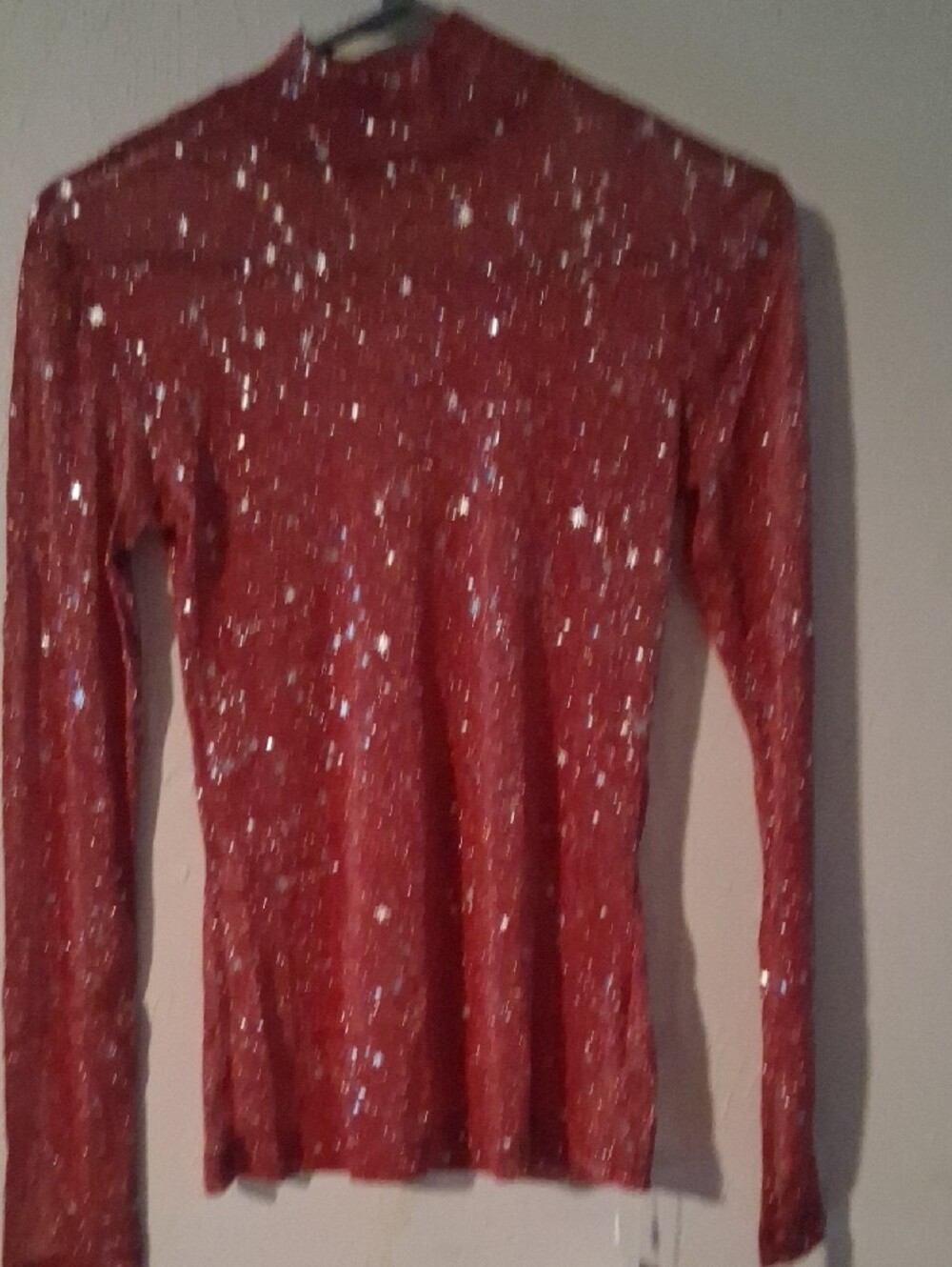 Mangopop Shimmering Red Sequin Sheer High Neck Top - Size Small - Picture 3 of 7